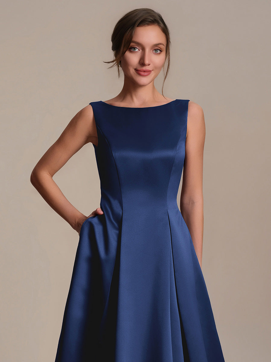 Robe midi longueur ballerine sans bretelles à encolure bateau avec poche #Couleur_Bleu Marine