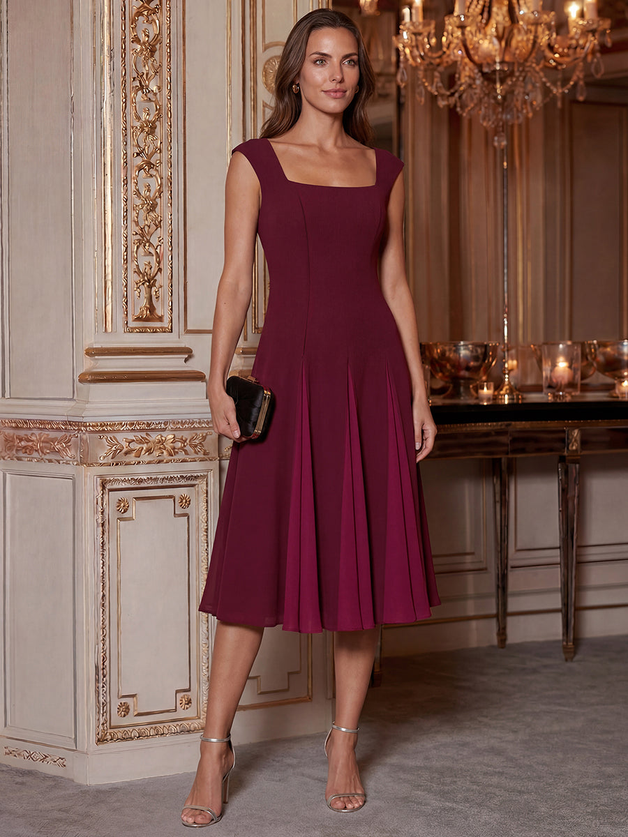 Robe midi de bal sans manches à encolure carrée extensible et patchwork #Couleur_Bordeaux