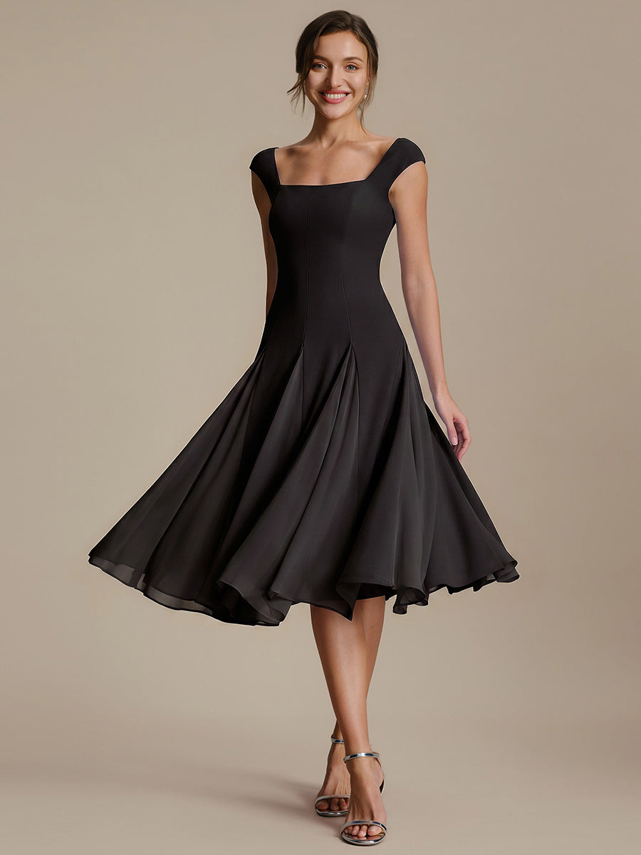 Robe midi de bal sans manches à encolure carrée extensible et patchwork #Couleur_Noir