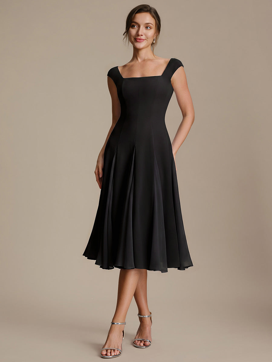 Robe midi de bal sans manches à encolure carrée extensible et patchwork #Couleur_Noir