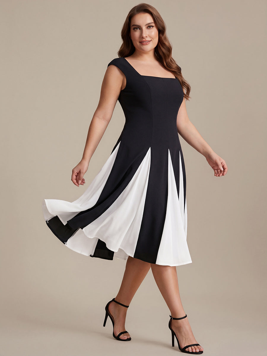 Robe midi de bal sans manches à encolure carrée extensible et patchwork #Couleur_Noir d'ivoire