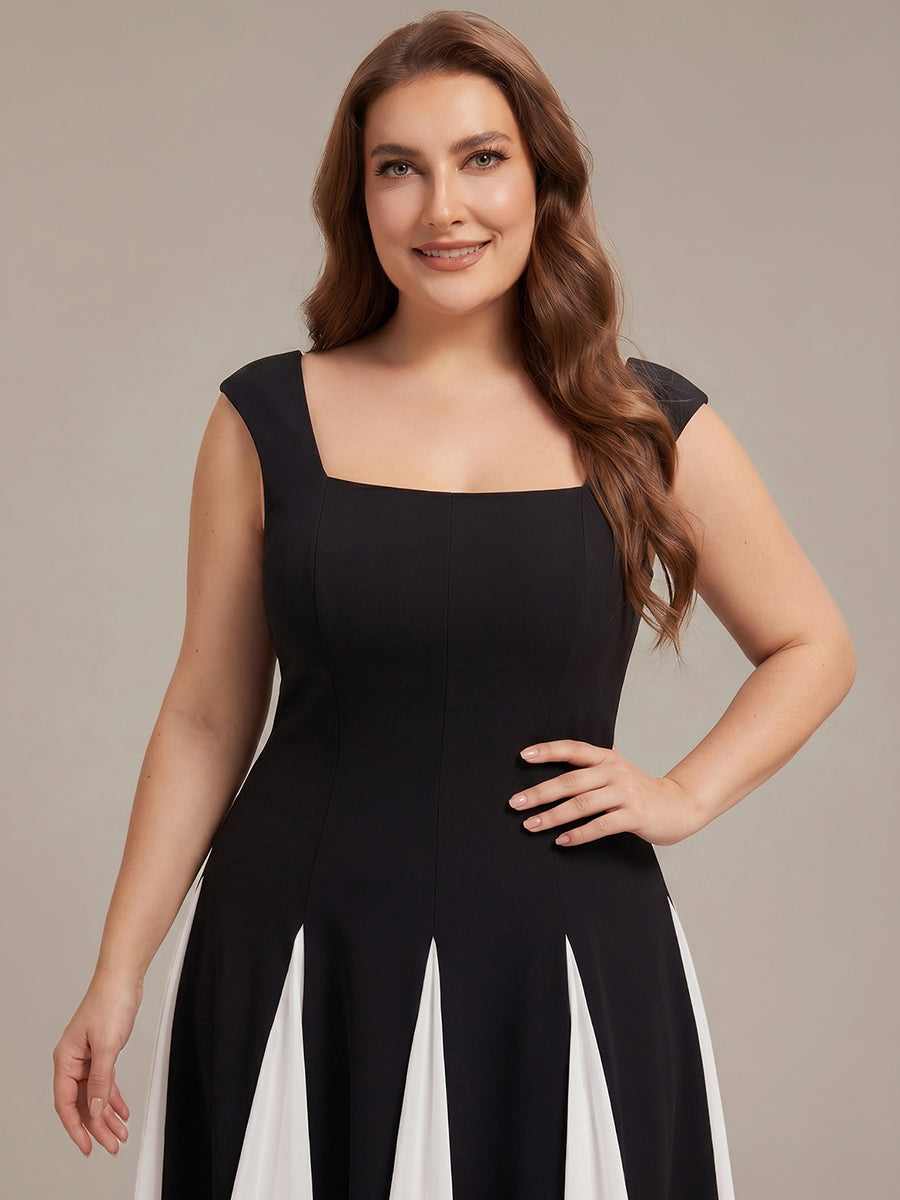 Robe midi de bal sans manches à encolure carrée extensible et patchwork #Couleur_Noir d'ivoire