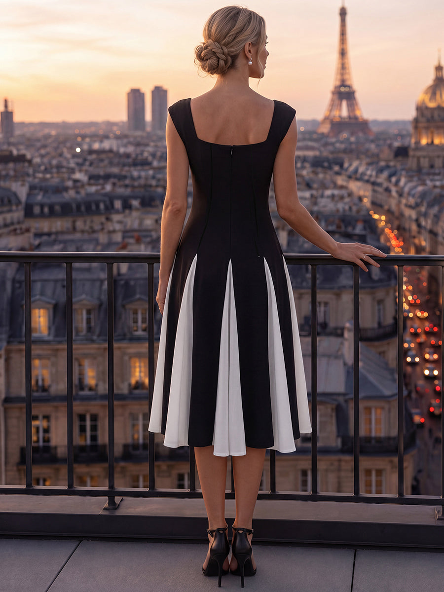 Robe midi de bal sans manches à encolure carrée extensible et patchwork #Couleur_Noir d'ivoire