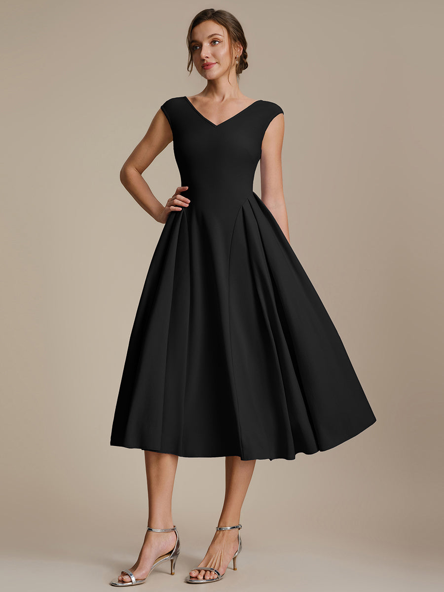 Robe midi sans manches à encolure en V extensible #Couleur_Noir