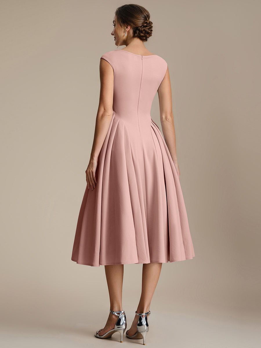 Robe midi sans manches à encolure en V extensible #Couleur_Rose fumee