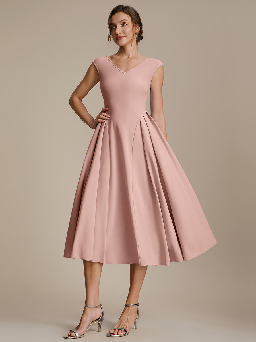 Robe midi sans manches à encolure en V extensible #Couleur_Rose fumee