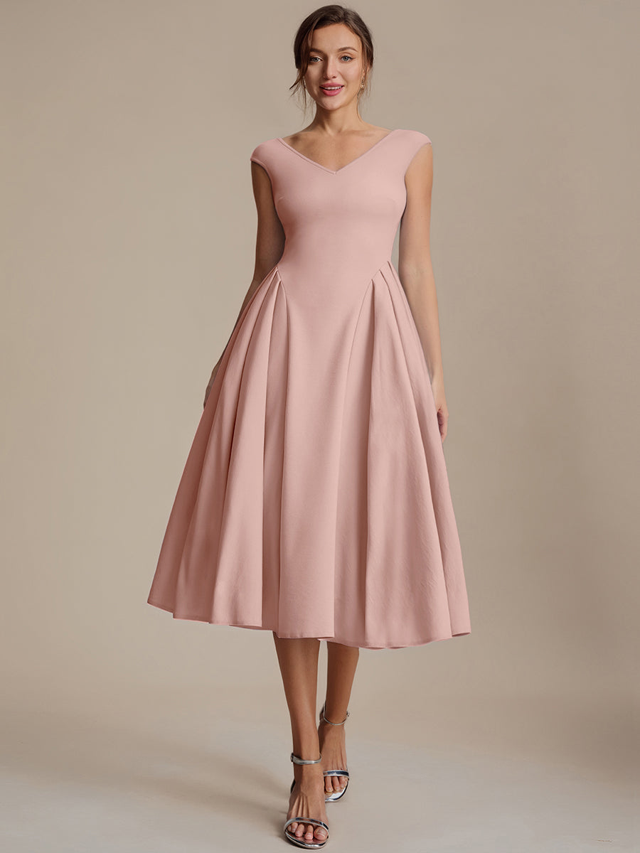 Robe midi sans manches à encolure en V extensible #Couleur_Rose fumee