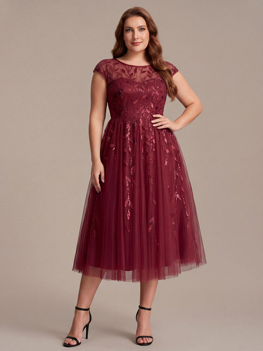 Robe midi évasée à manches courtes en patchwork transparent #Couleur_Bordeaux