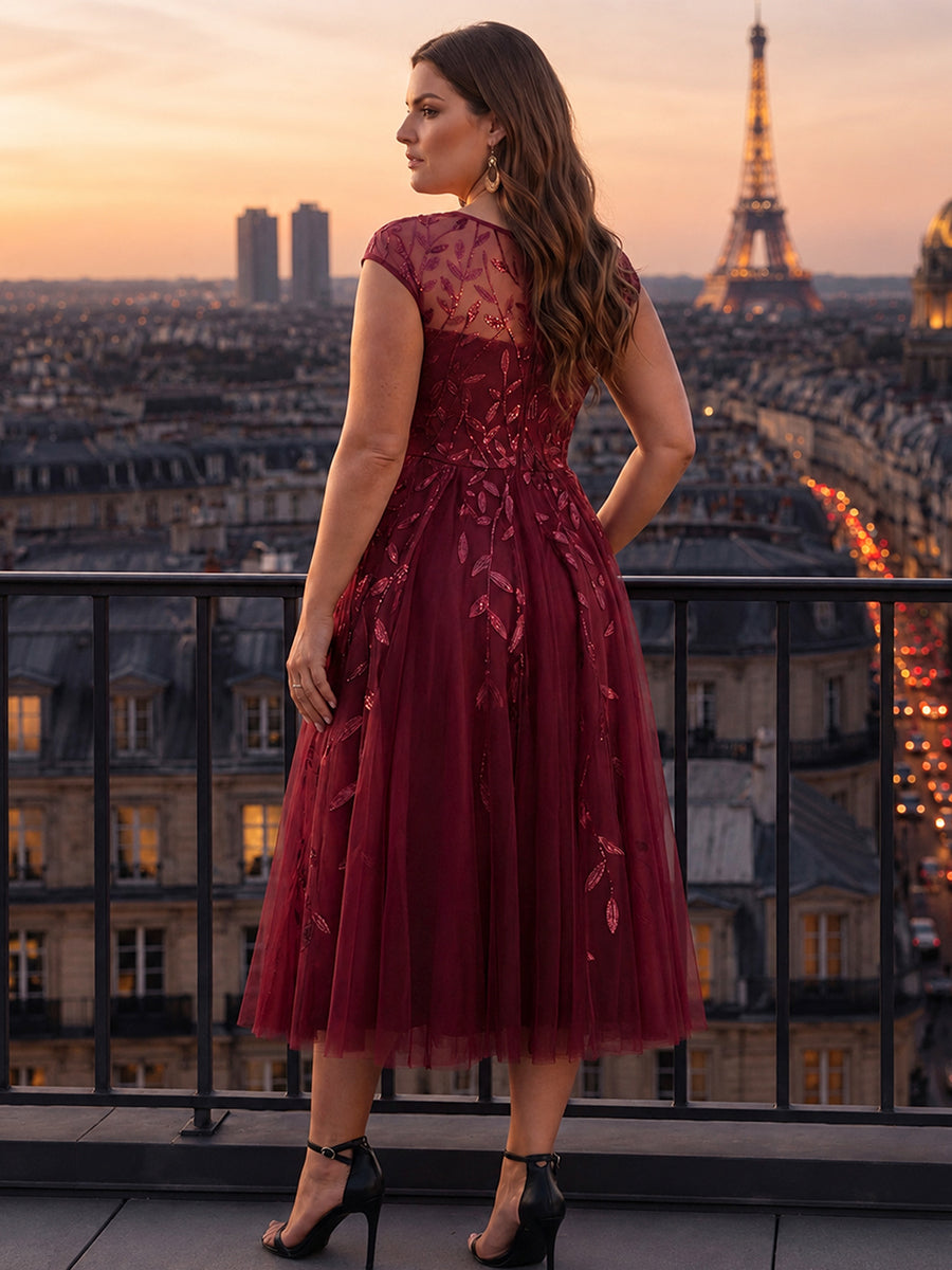 Robe midi évasée à manches courtes en patchwork transparent #Couleur_Bordeaux