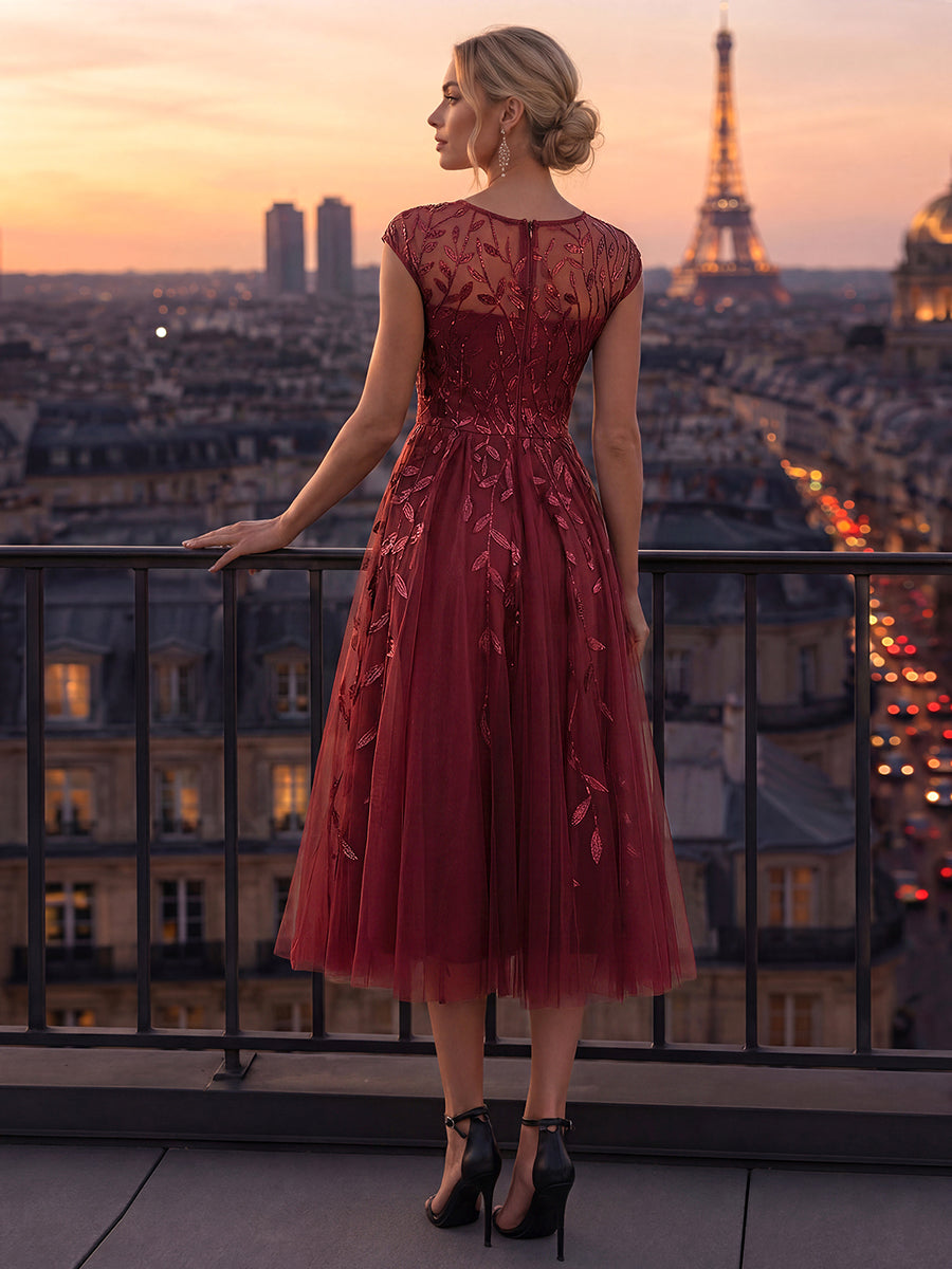 Robe midi évasée à manches courtes en patchwork transparent #Couleur_Bordeaux
