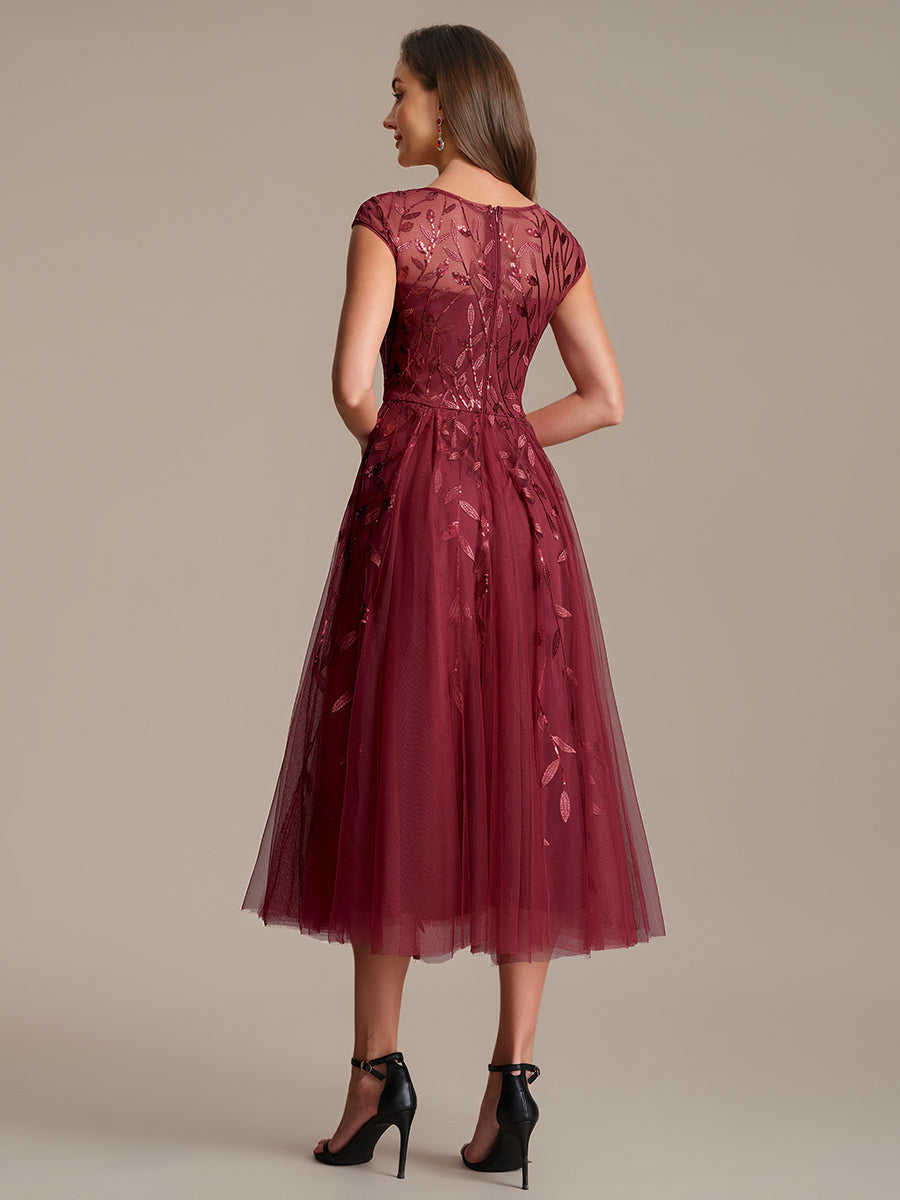 Robe midi évasée à manches courtes en patchwork transparent #Couleur_Bordeaux