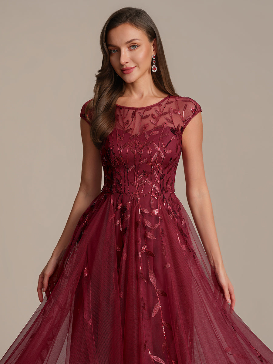 Robe midi évasée à manches courtes en patchwork transparent #Couleur_Bordeaux