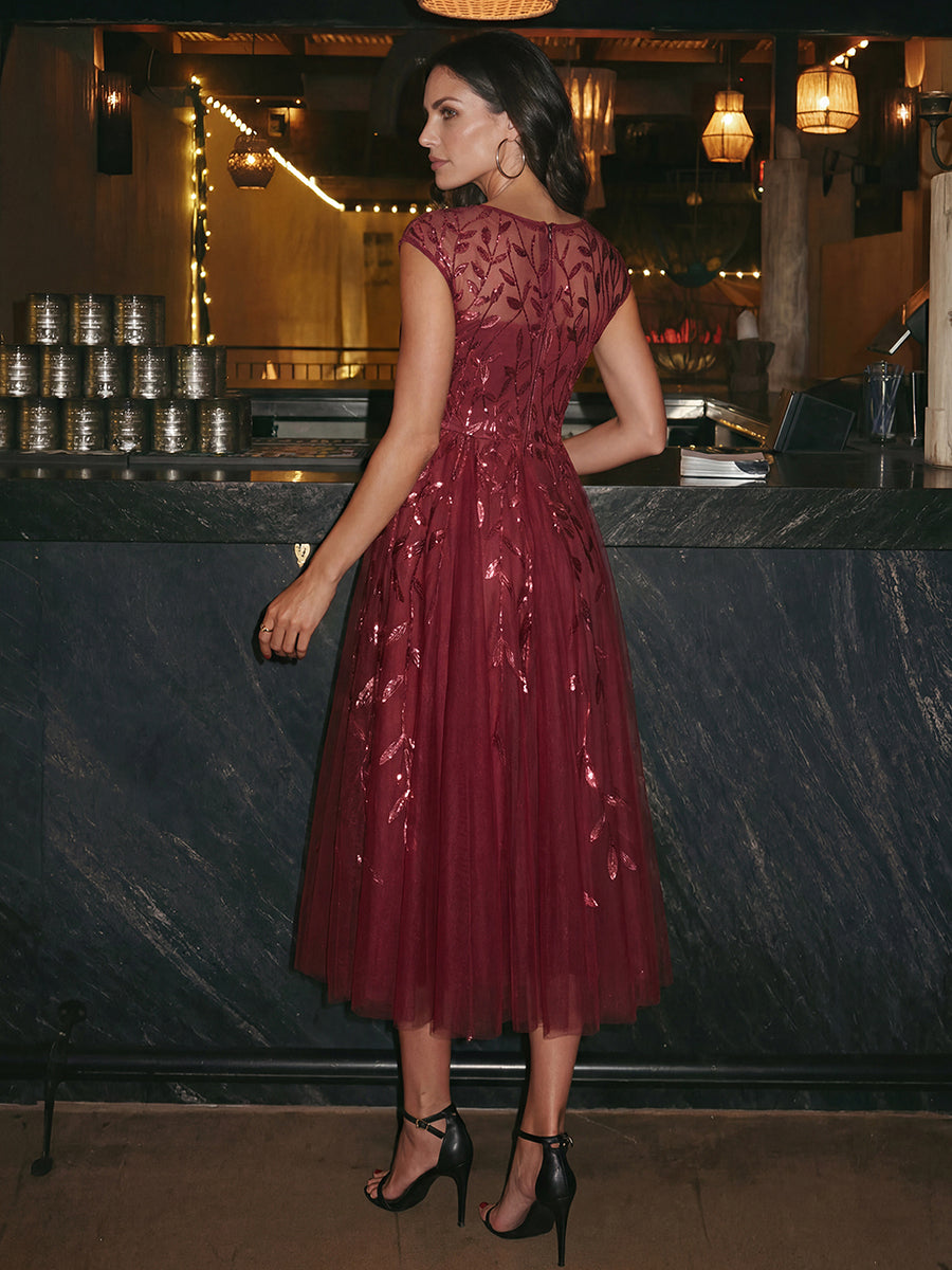 Robe midi évasée à manches courtes en patchwork transparent #Couleur_Bordeaux