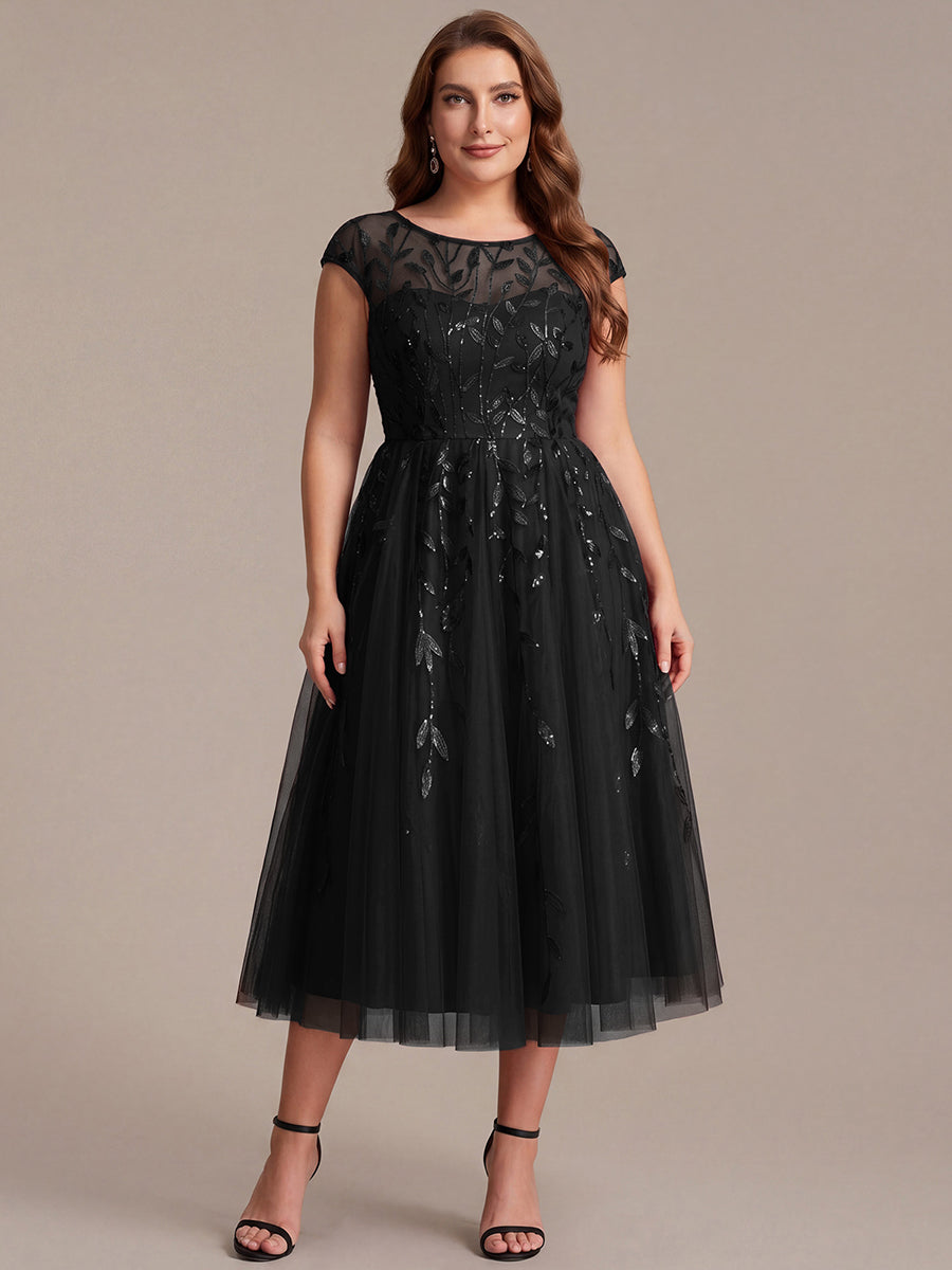 Robe midi évasée à manches courtes en patchwork transparent #Couleur_Noir
