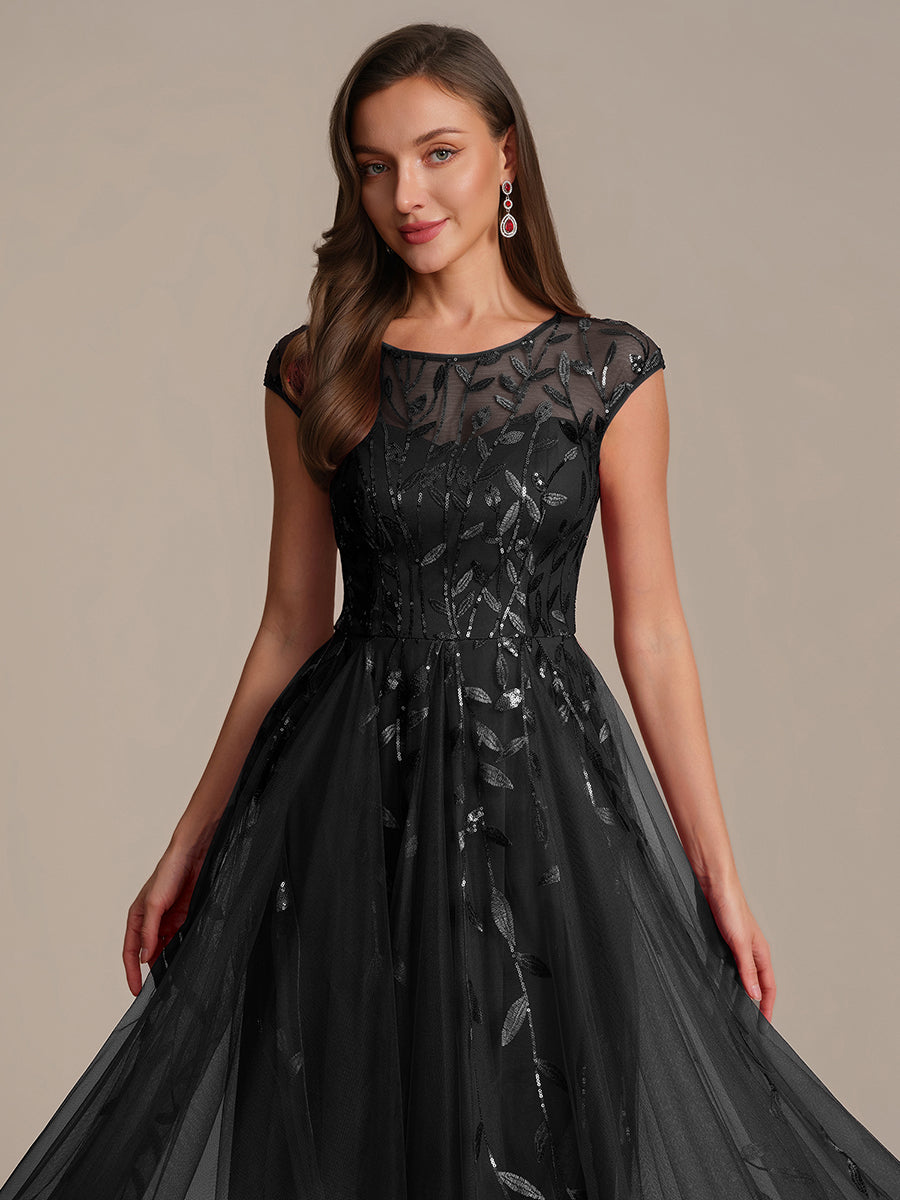 Robe midi évasée à manches courtes en patchwork transparent #Couleur_Noir