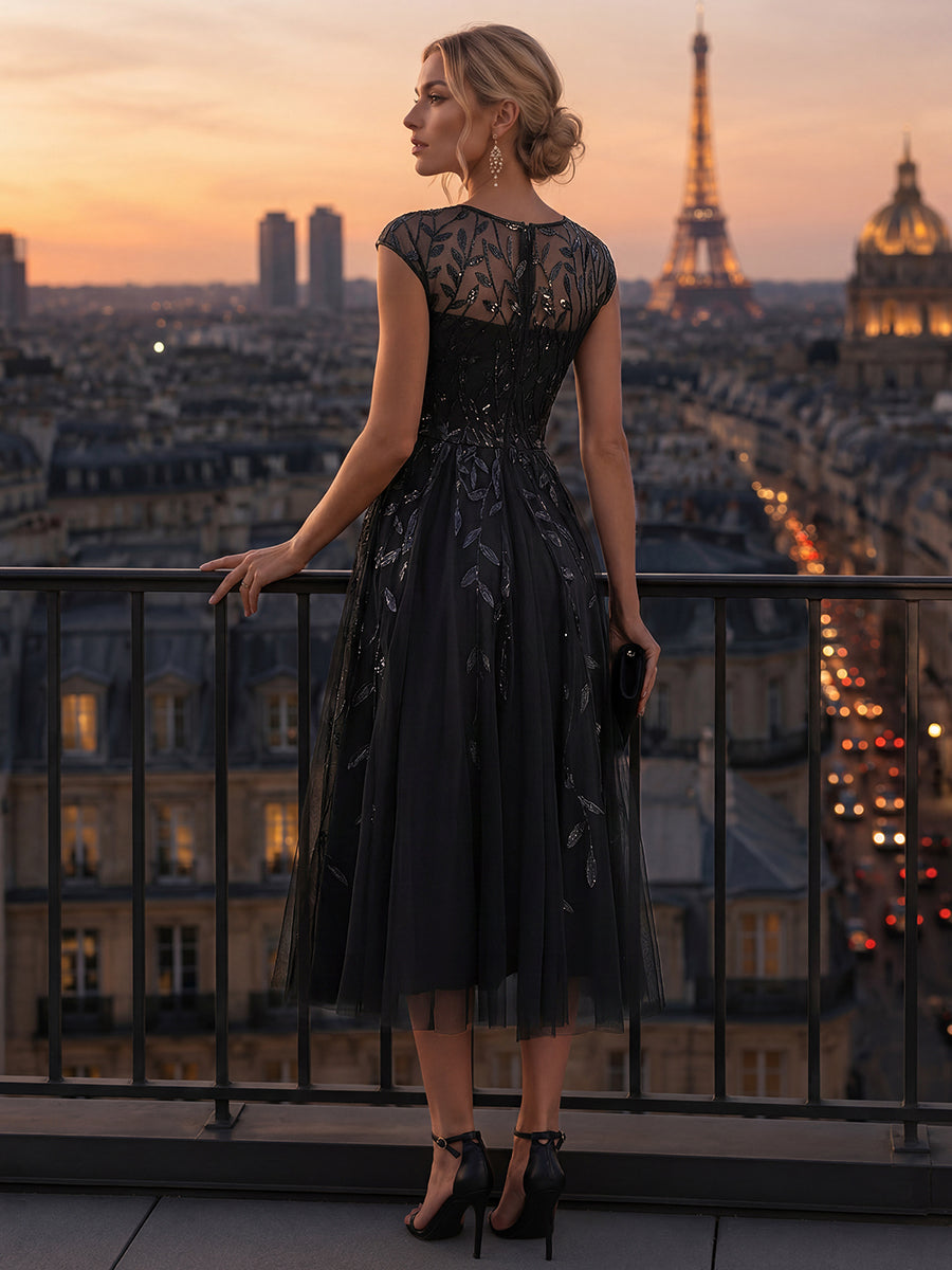 Robe midi évasée à manches courtes en patchwork transparent #Couleur_Noir