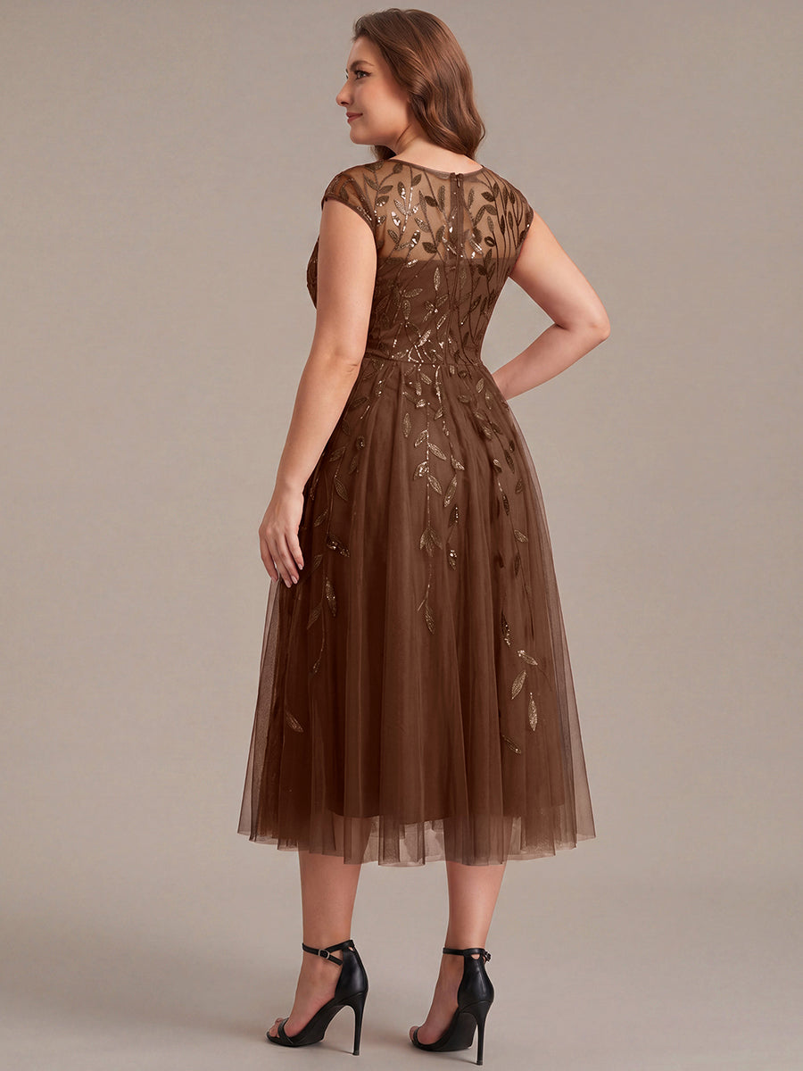 Robe midi évasée à manches courtes en patchwork transparent #Couleur_Braun