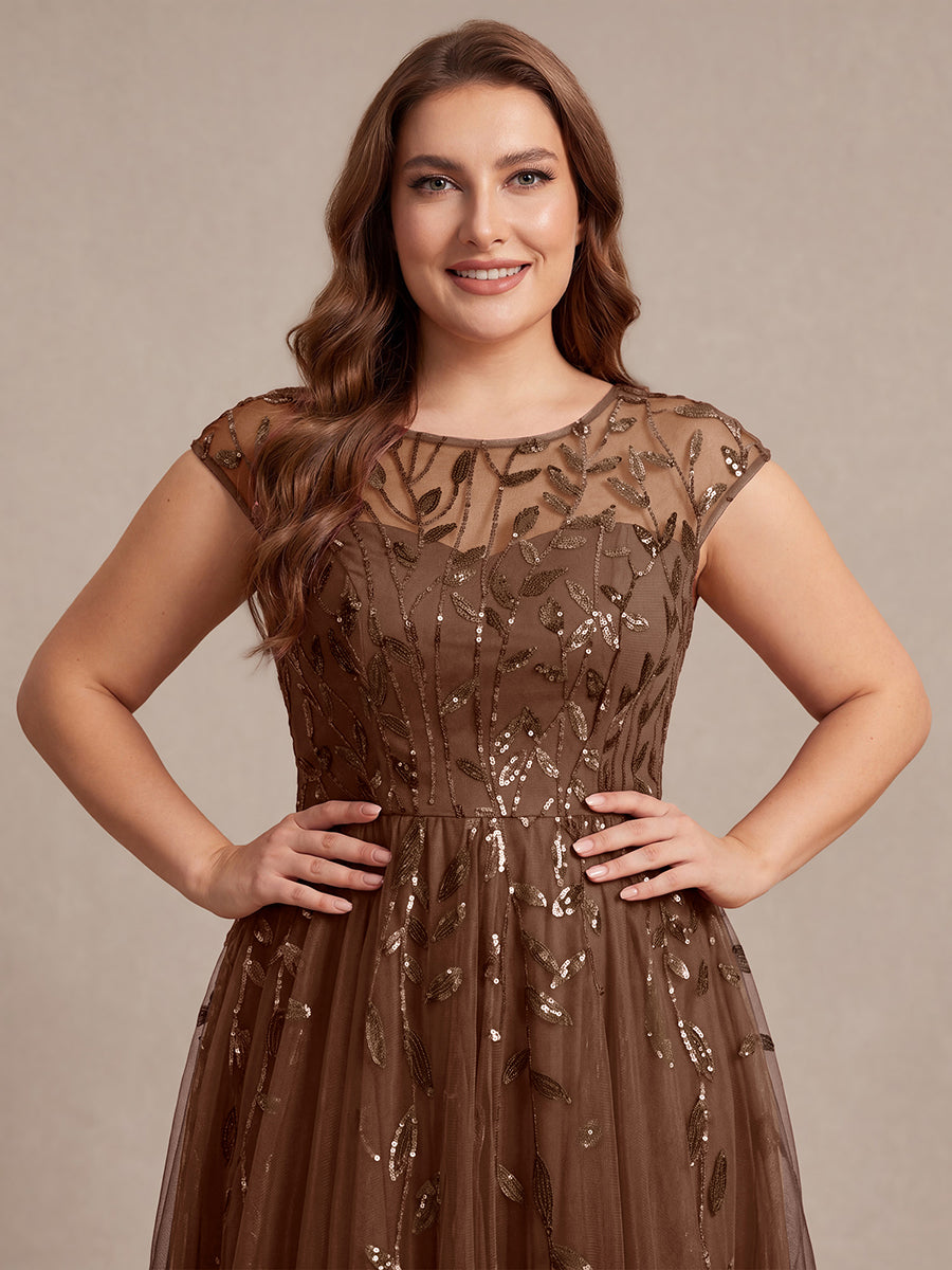 Robe midi évasée à manches courtes en patchwork transparent #Couleur_Brun