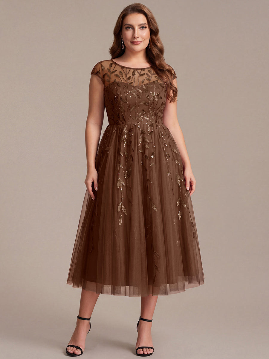 Robe midi évasée à manches courtes en patchwork transparent #Couleur_Brun