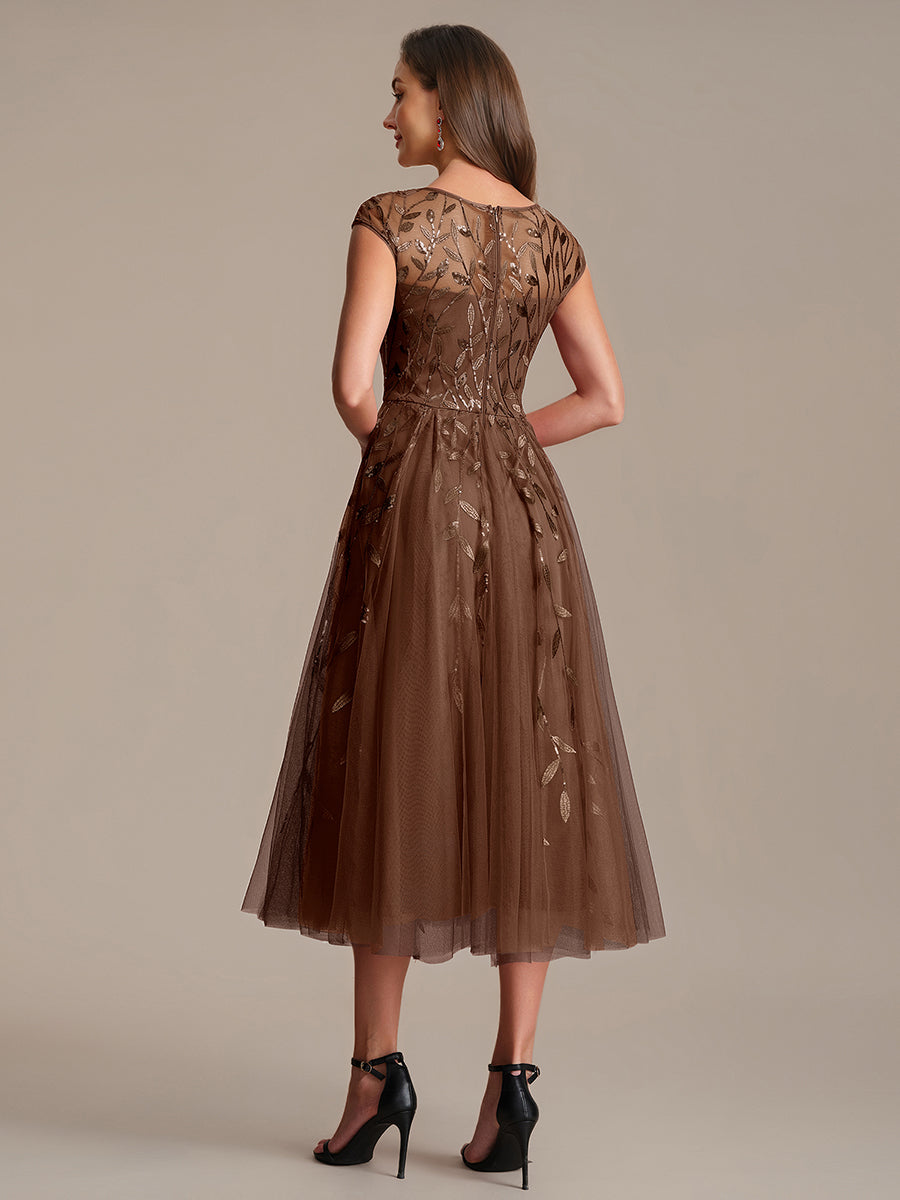 Robe midi évasée à manches courtes en patchwork transparent #Couleur_Braun