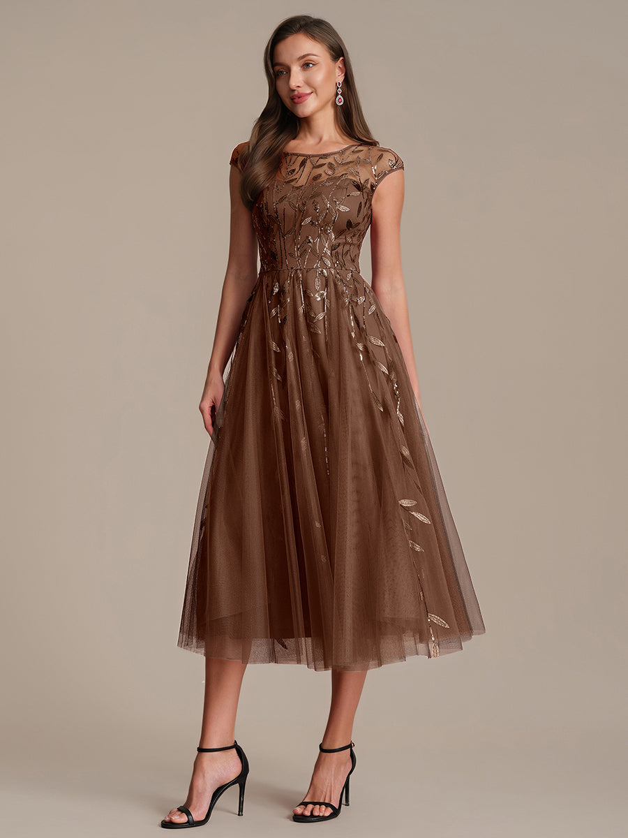 Robe midi évasée à manches courtes en patchwork transparent #Couleur_Braun