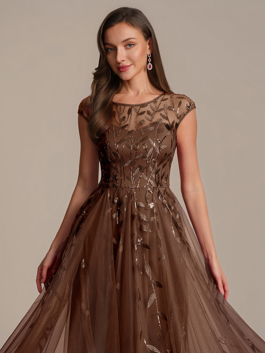 Robe midi évasée à manches courtes en patchwork transparent #Couleur_Braun