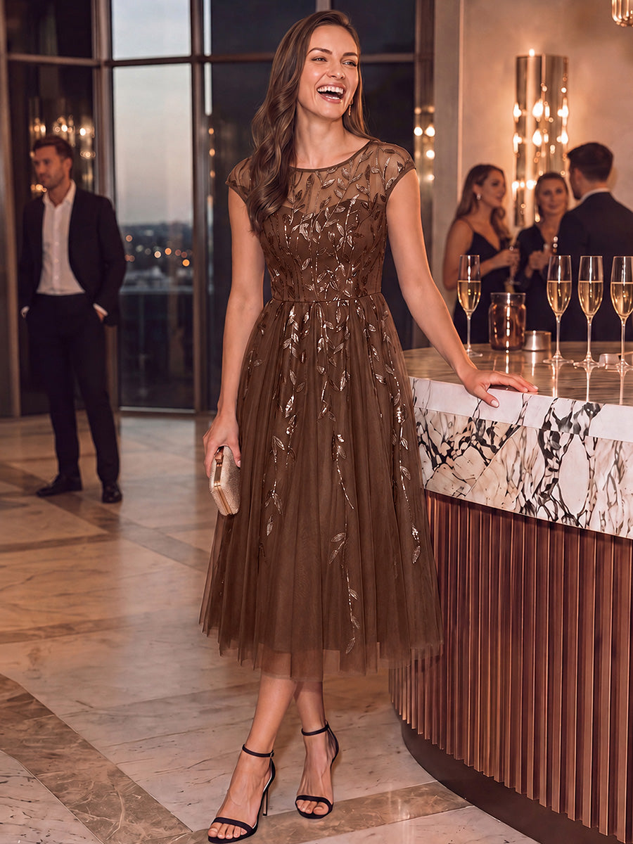 Robe midi évasée à manches courtes en patchwork transparent #Couleur_Braun