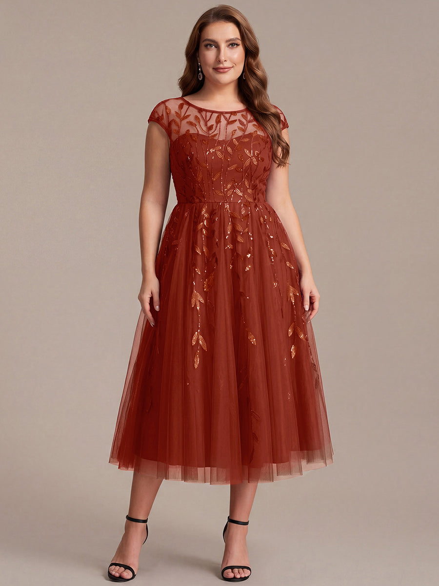 Robe midi évasée à manches courtes en patchwork transparent #Couleur_Burnt Orange