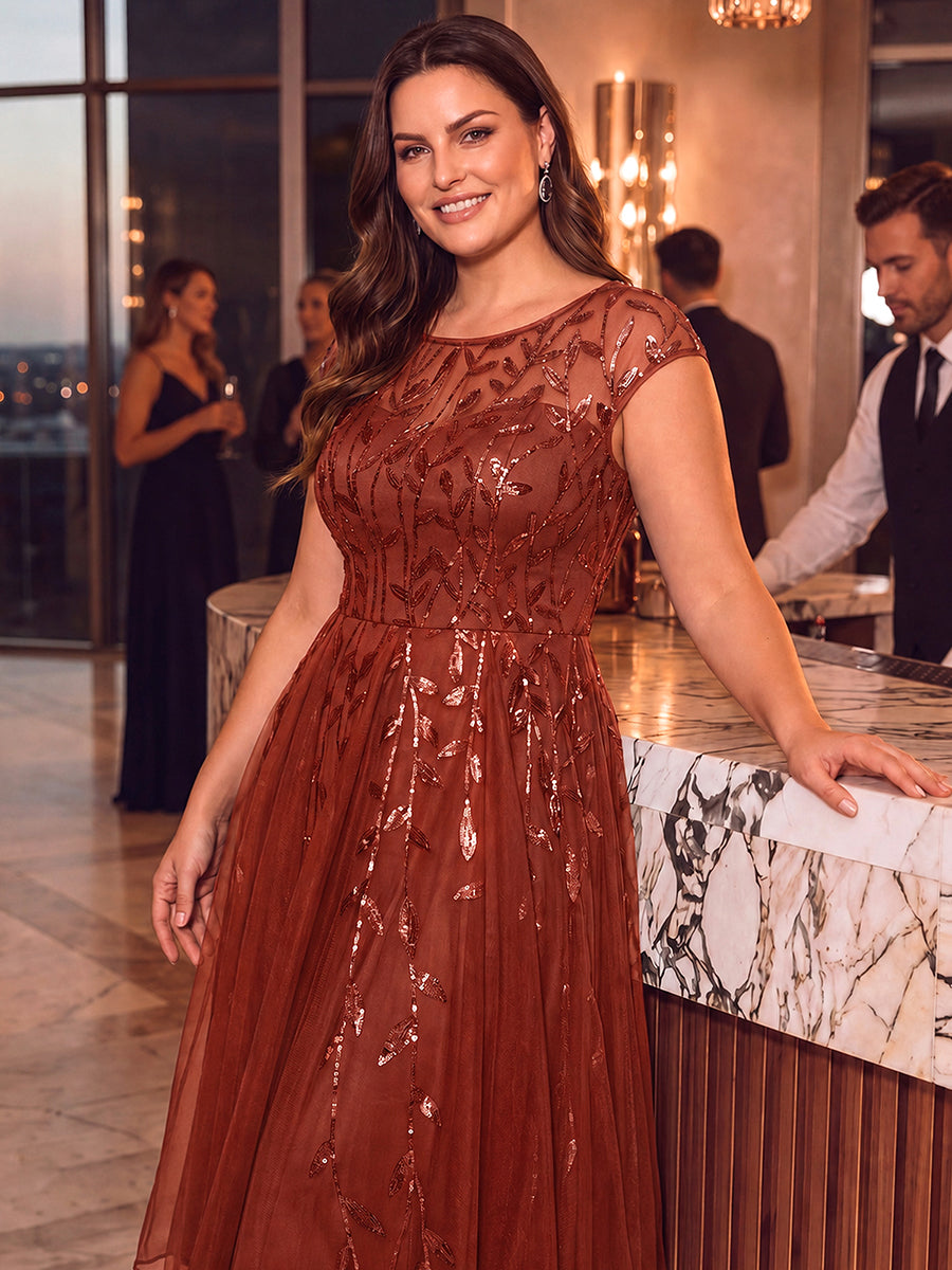 Robe midi évasée à manches courtes en patchwork transparent #Couleur_Burnt Orange
