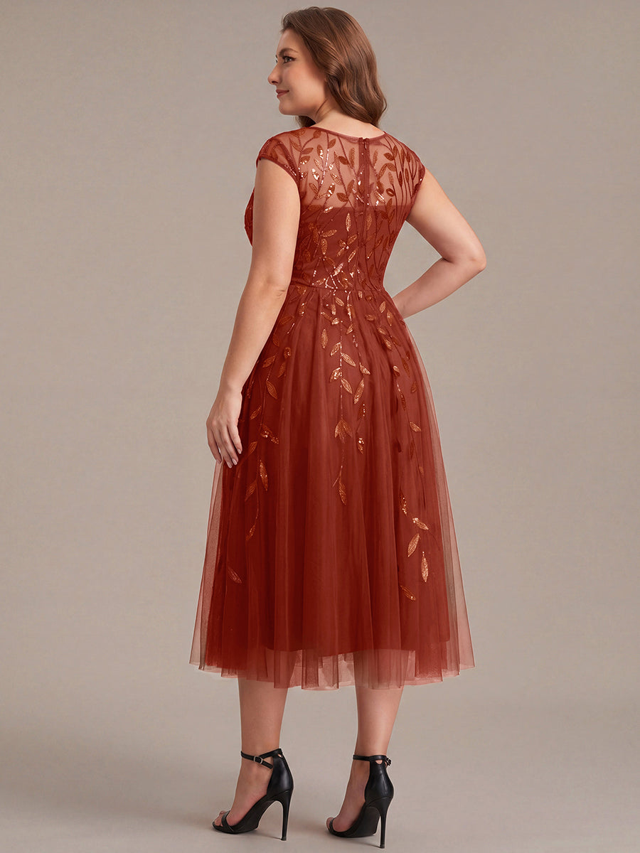 Robe midi évasée à manches courtes en patchwork transparent #Couleur_Burnt Orange