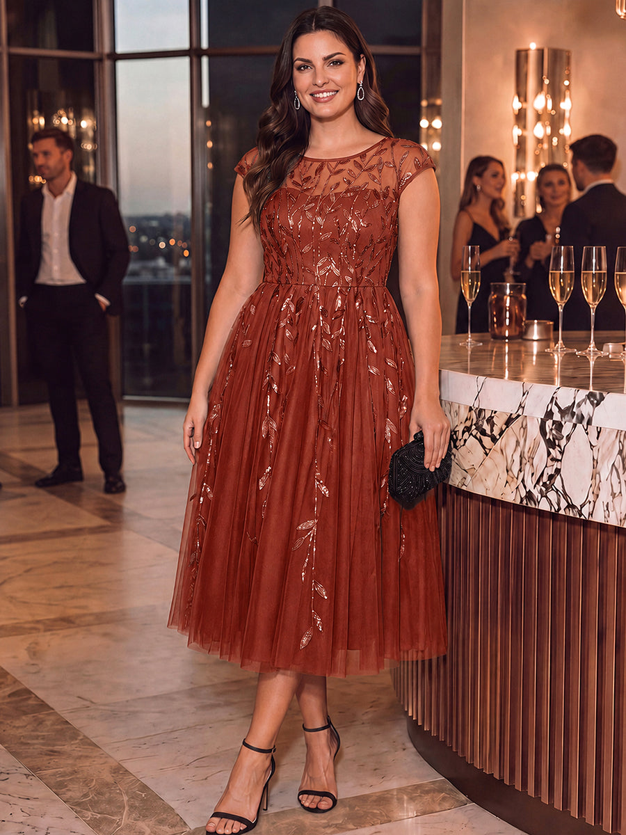 Robe midi évasée à manches courtes en patchwork transparent #Couleur_Burnt Orange