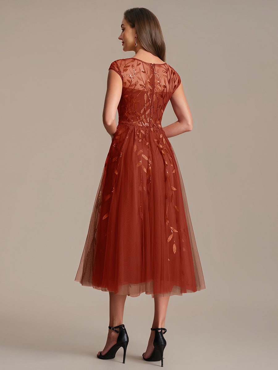 Robe midi évasée à manches courtes en patchwork transparent #Couleur_Burnt Orange
