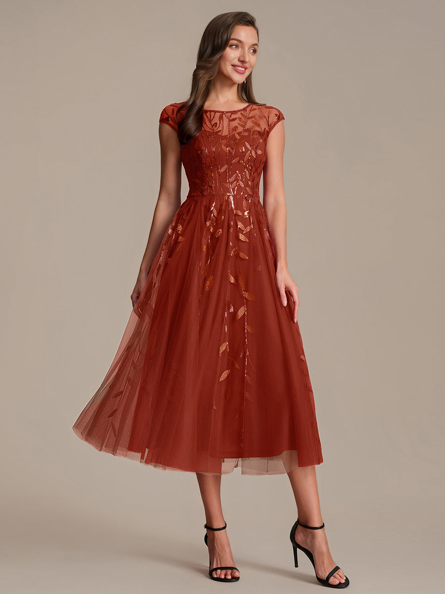 Robe midi évasée à manches courtes en patchwork transparent #Couleur_Burnt Orange