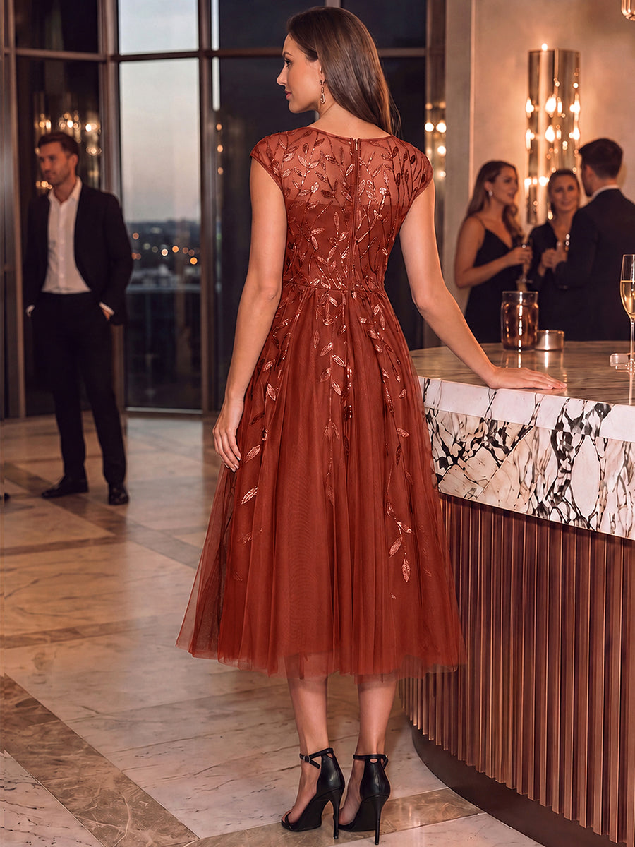 Robe midi évasée à manches courtes en patchwork transparent #Couleur_Burnt Orange