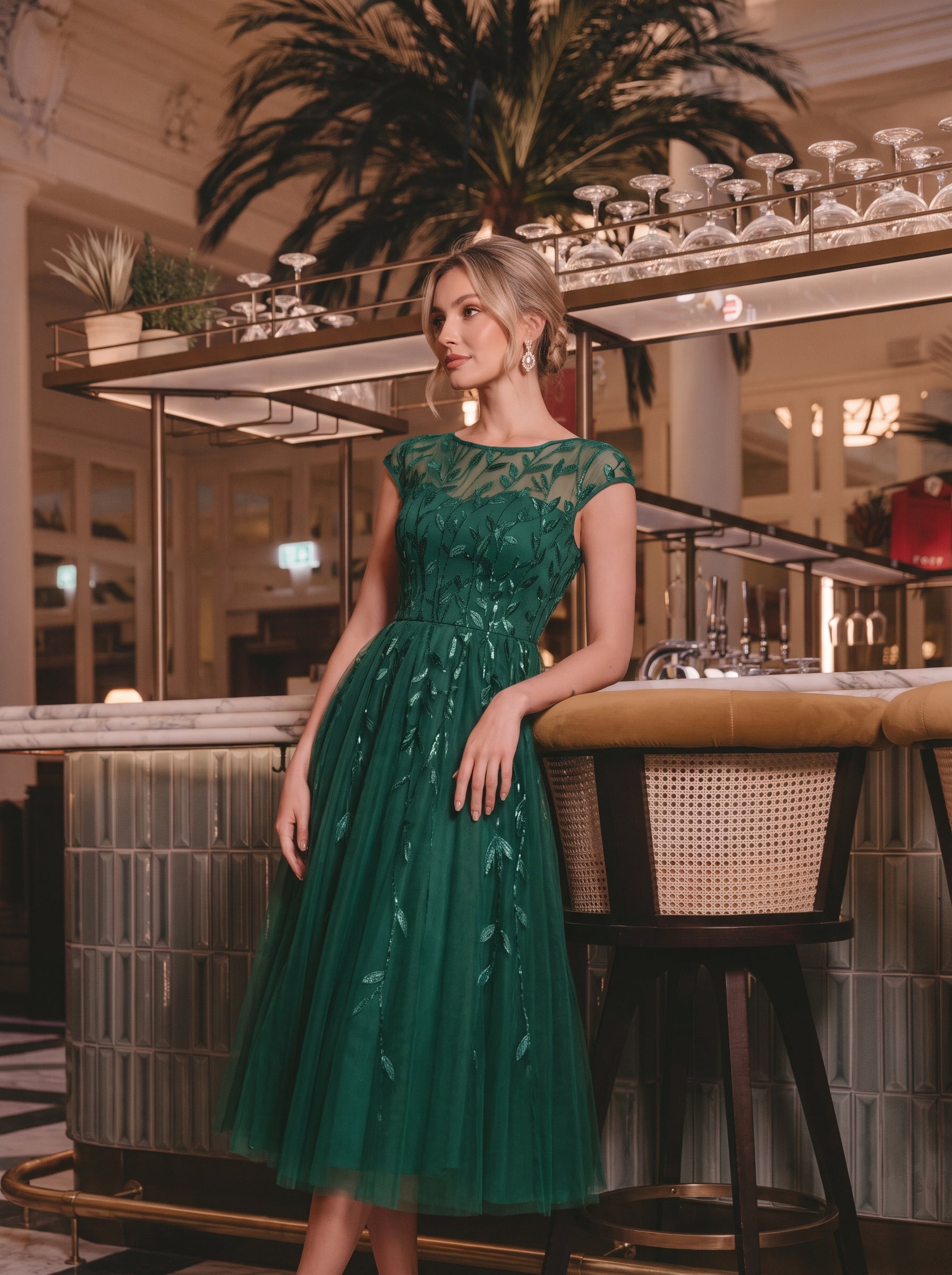 Robe midi évasée à manches courtes en patchwork transparent #Couleur_Vert Fonce