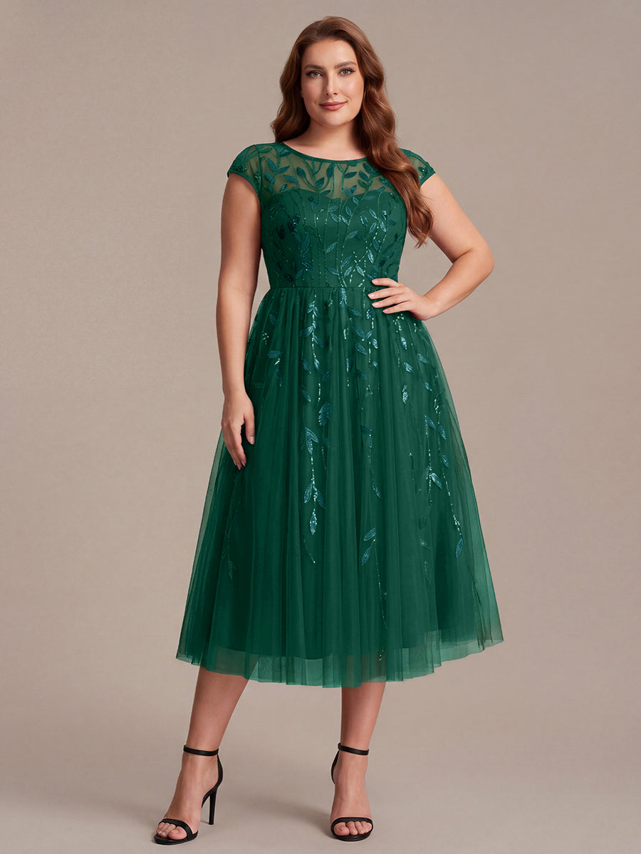 Robe midi évasée à manches courtes en patchwork transparent #Couleur_Vert Fonce