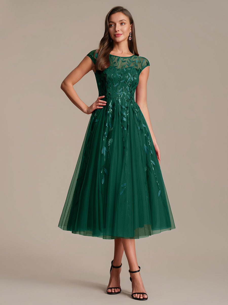 Robe midi évasée à manches courtes en patchwork transparent #Couleur_Vert Fonce