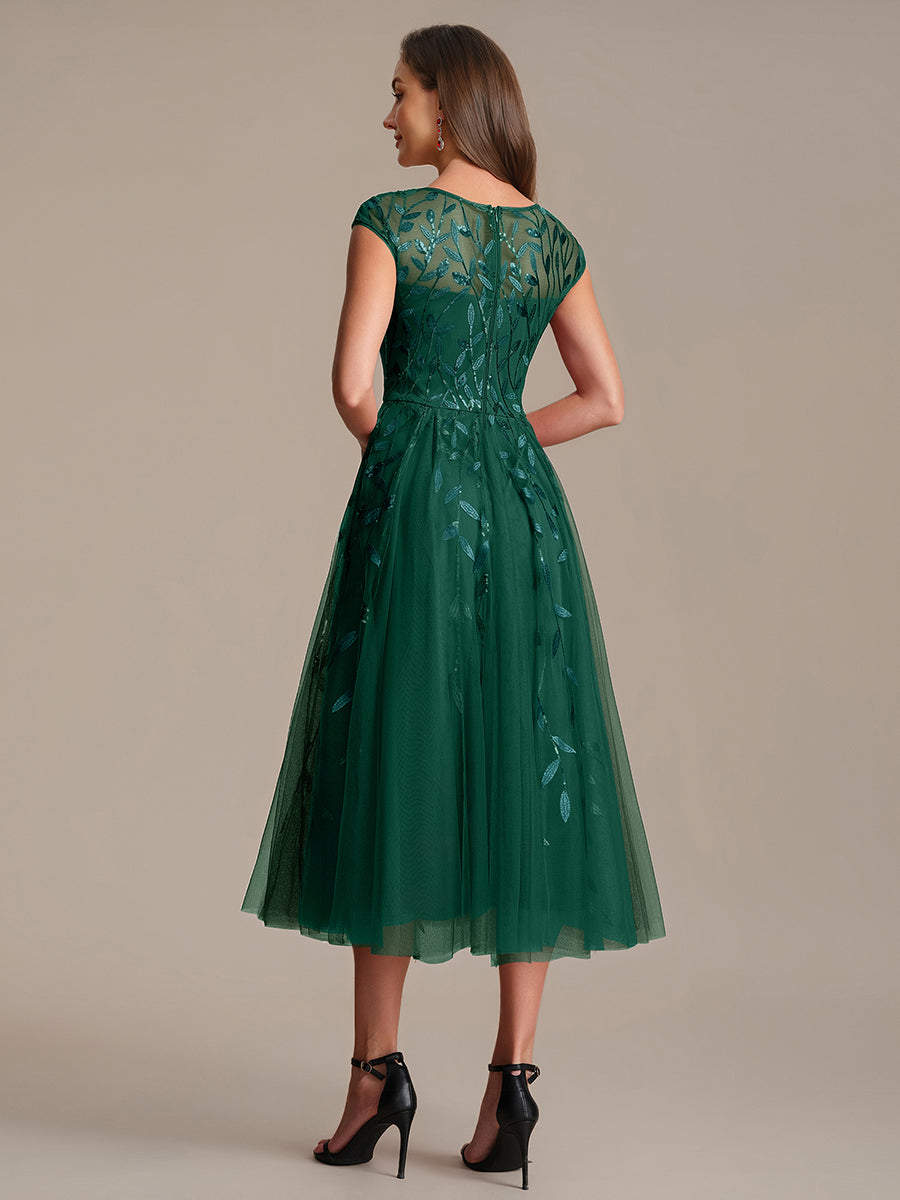 Robe midi évasée à manches courtes en patchwork transparent #Couleur_Vert Fonce