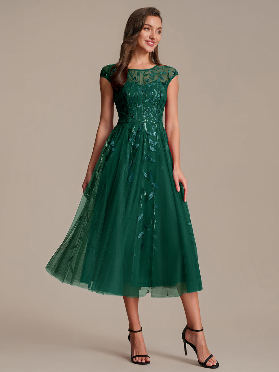 Robe midi évasée à manches courtes en patchwork transparent #Couleur_Vert Fonce
