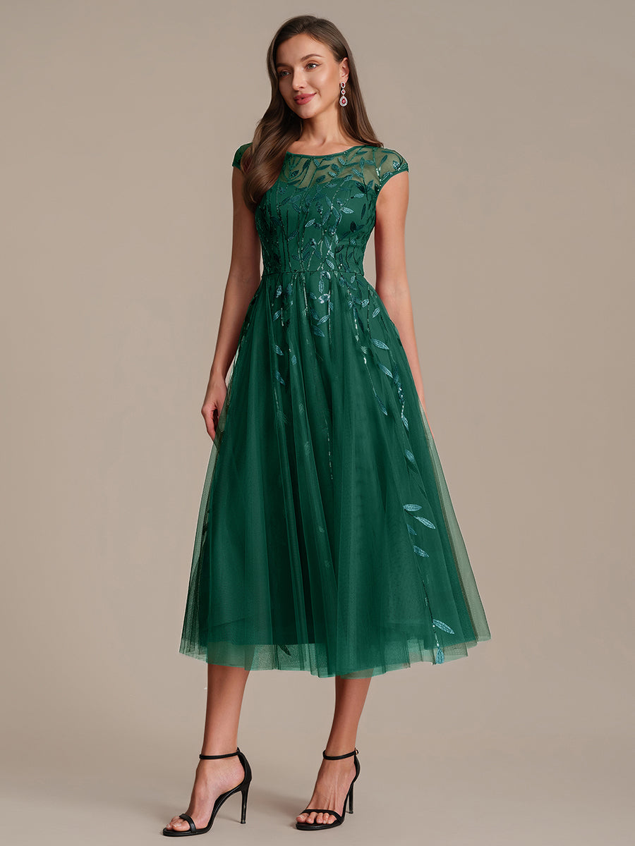Robe midi évasée à manches courtes en patchwork transparent #Couleur_Vert Fonce