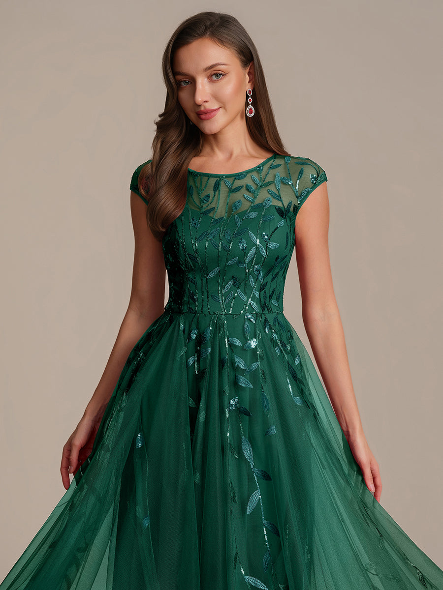 Robe midi évasée à manches courtes en patchwork transparent #Couleur_Vert Fonce