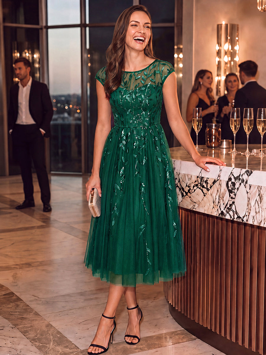 Robe midi évasée à manches courtes en patchwork transparent #Couleur_Vert Fonce
