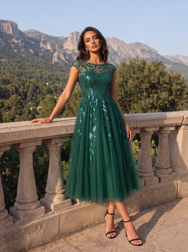 Robe midi évasée à manches courtes en patchwork transparent #Couleur_Vert Fonce