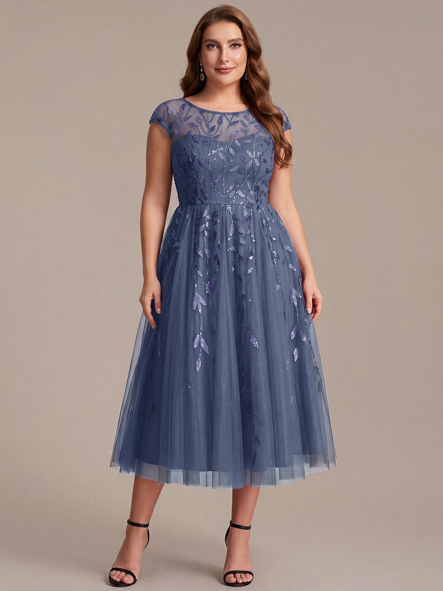 Robe midi évasée à manches courtes en patchwork transparent #Couleur_Marine Fume