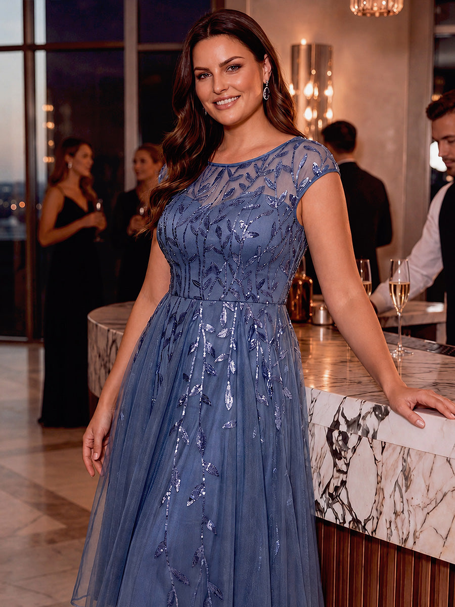 Robe midi évasée à manches courtes en patchwork transparent #Couleur_Marine Fume