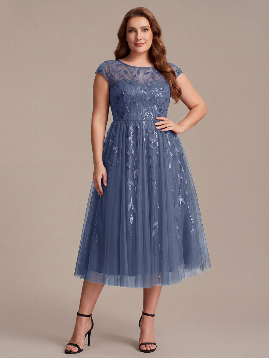 Robe midi évasée à manches courtes en patchwork transparent #Couleur_Marine Fume