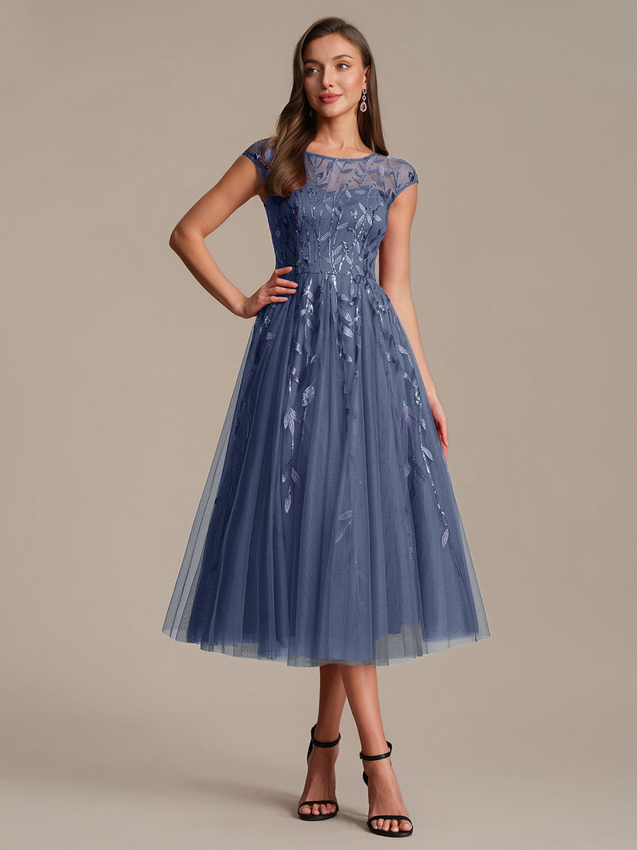 Robe midi évasée à manches courtes en patchwork transparent #Couleur_Marine Fume