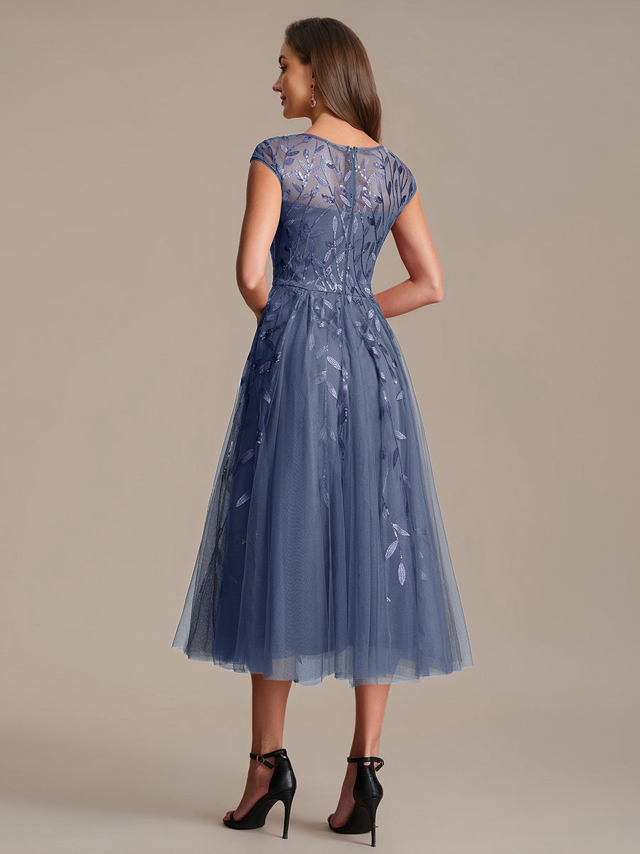 Robe midi évasée à manches courtes en patchwork transparent #Couleur_Marine Fume