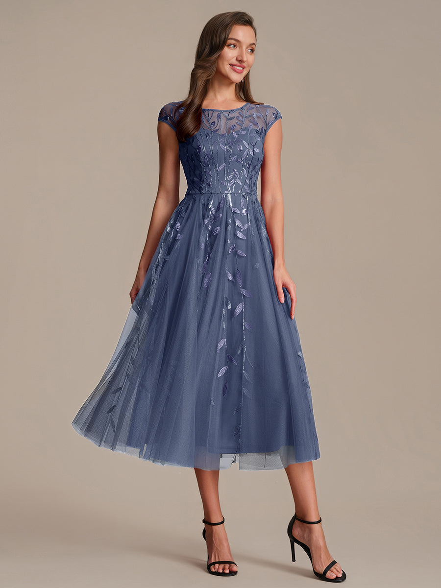 Robe midi évasée à manches courtes en patchwork transparent #Couleur_Marine Fume