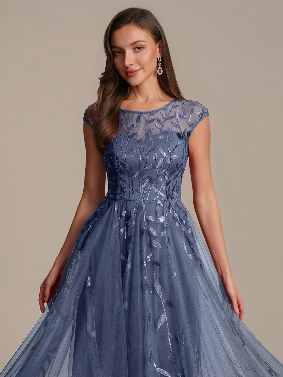 Robe midi évasée à manches courtes en patchwork transparent #Couleur_Marine Fume